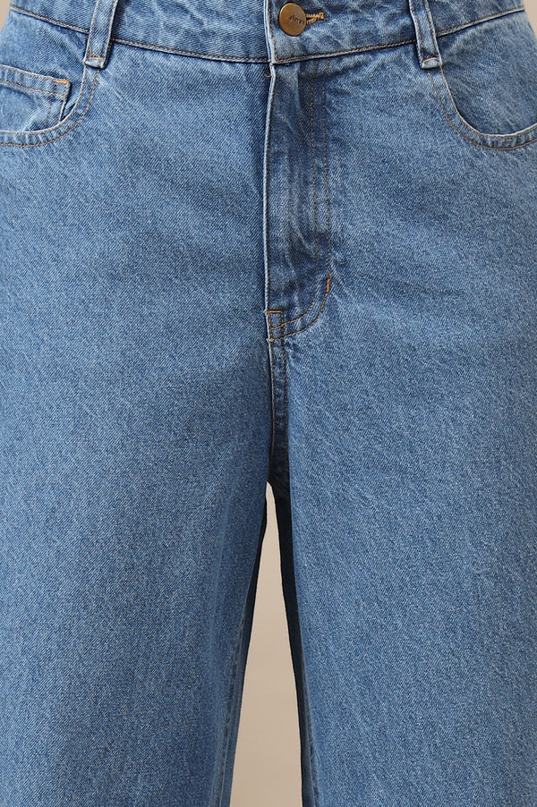 Light Blue Solid Flared Cotton Denim Pants With High Waisted Design