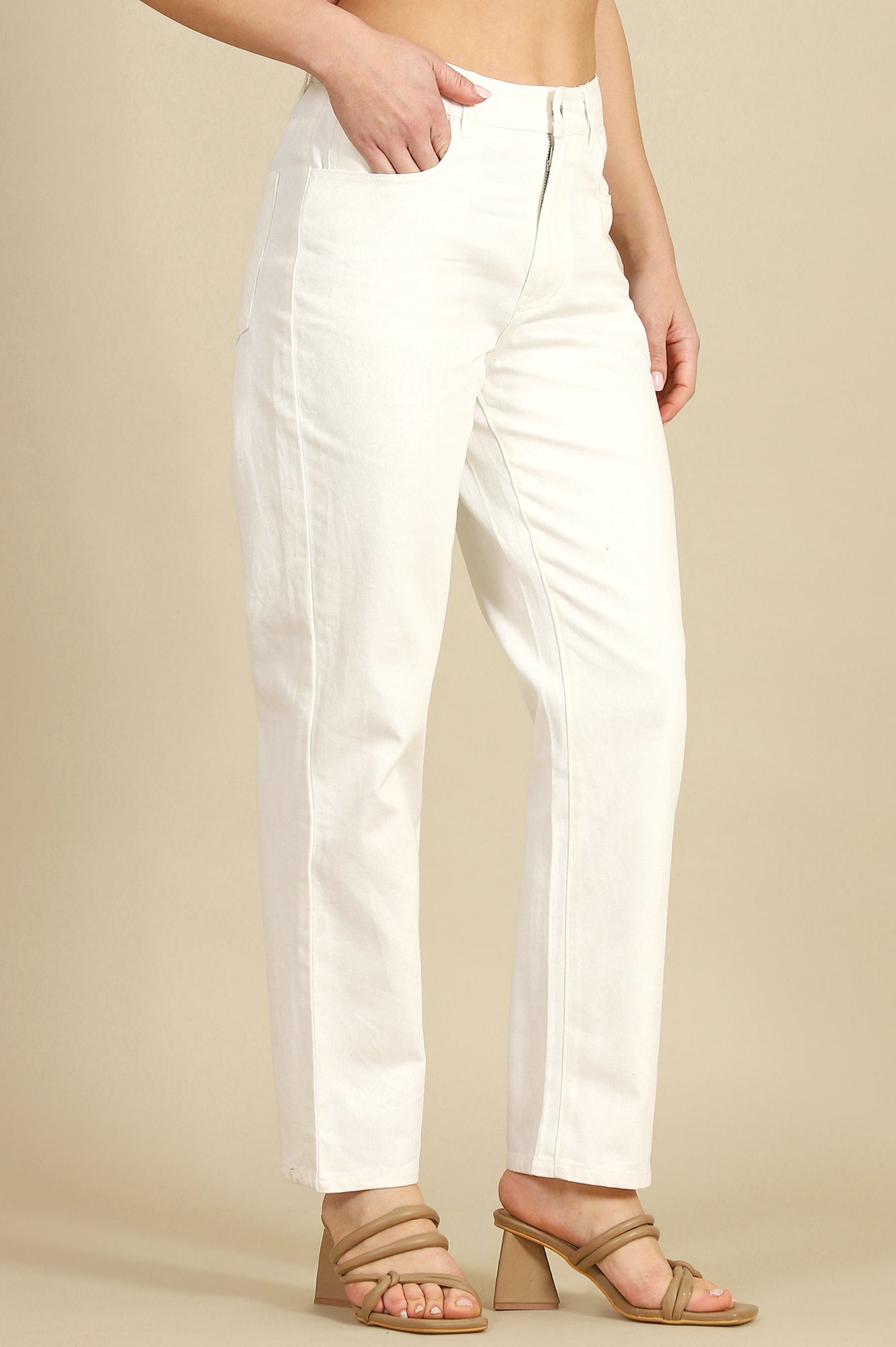 White Solid Pure Cotton Straight Trousers &amp; Pants