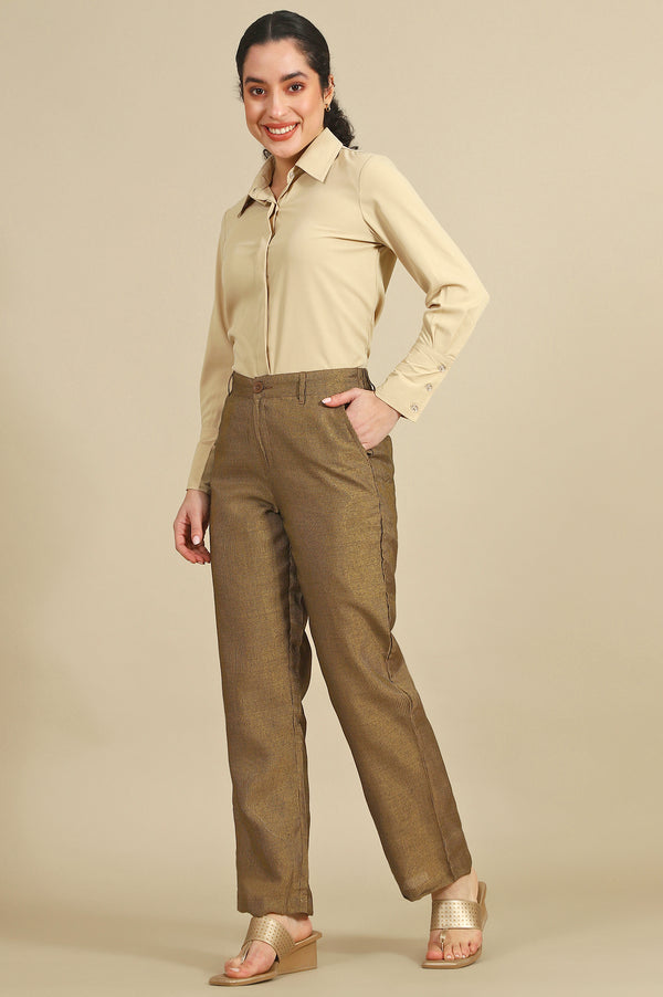 Brown Yarn Dyed Straight Fit Pants With YKK Zipper