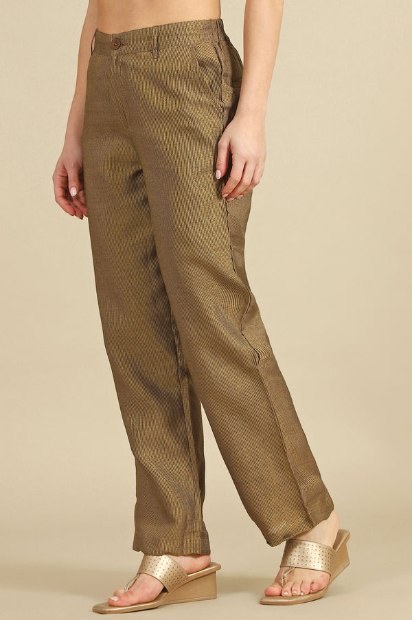Brown Yarn Dyed Straight Fit Pants With YKK Zipper