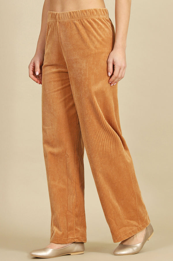 Brown Solid Straight Fit Cotton Pants With Elasticated Waist