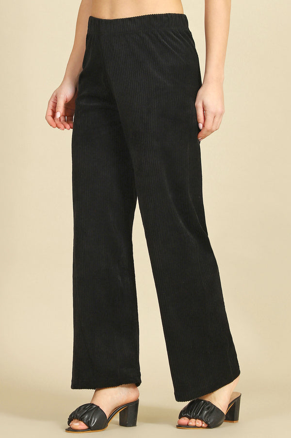 Black Solid Straight Fit Cotton Pants With Slip On Closure