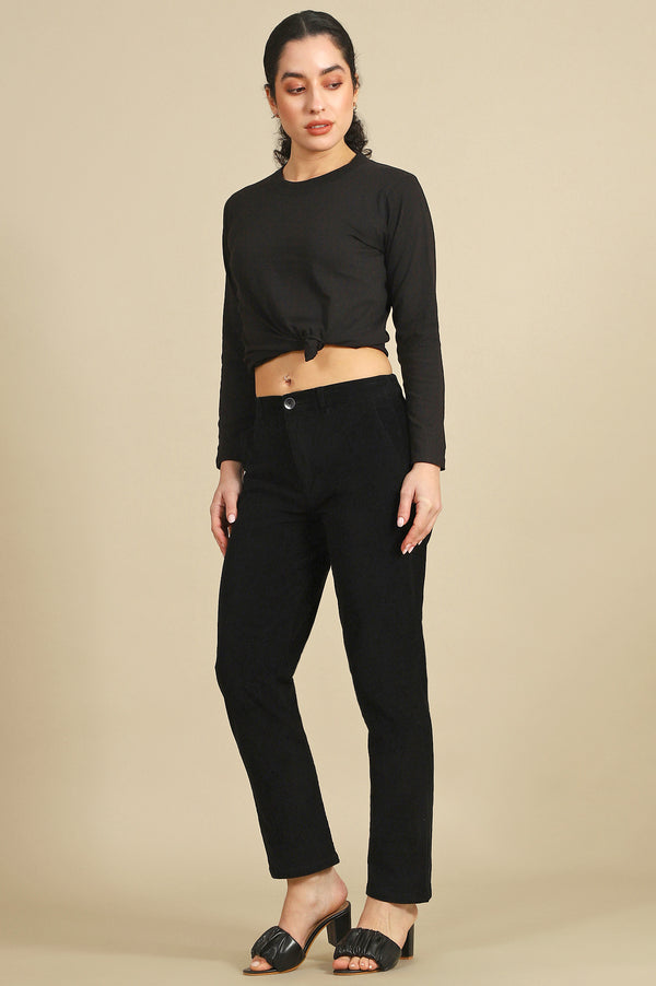 Black Solid Straight Fit Cotton Pants with YKK Zipper