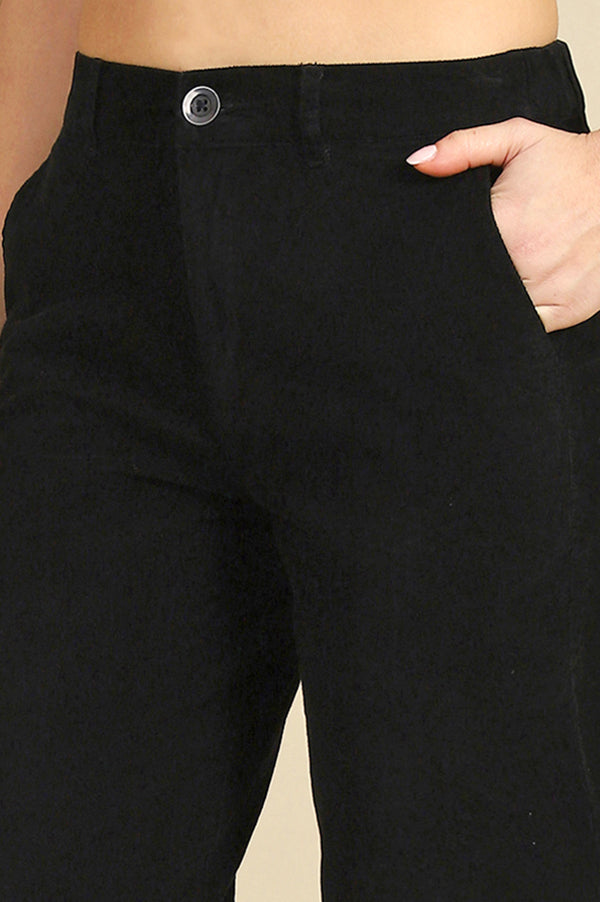 Black Solid Straight Fit Cotton Pants with YKK Zipper