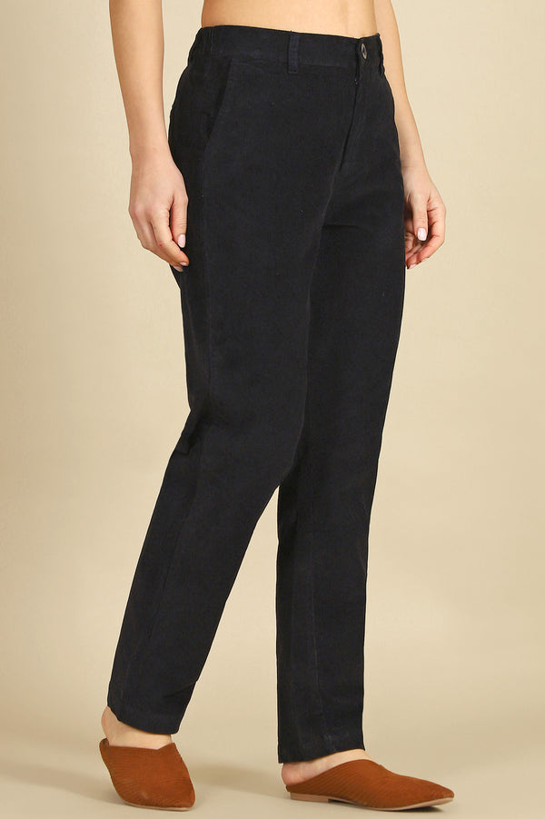 Navy Blue Solid Straight-fit Cotton Pants with YKK Zipper