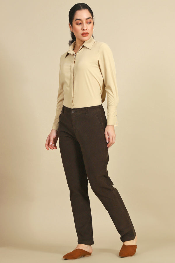 Dark Brown Solid Straight-fit Cotton Pants with YKK Zipper