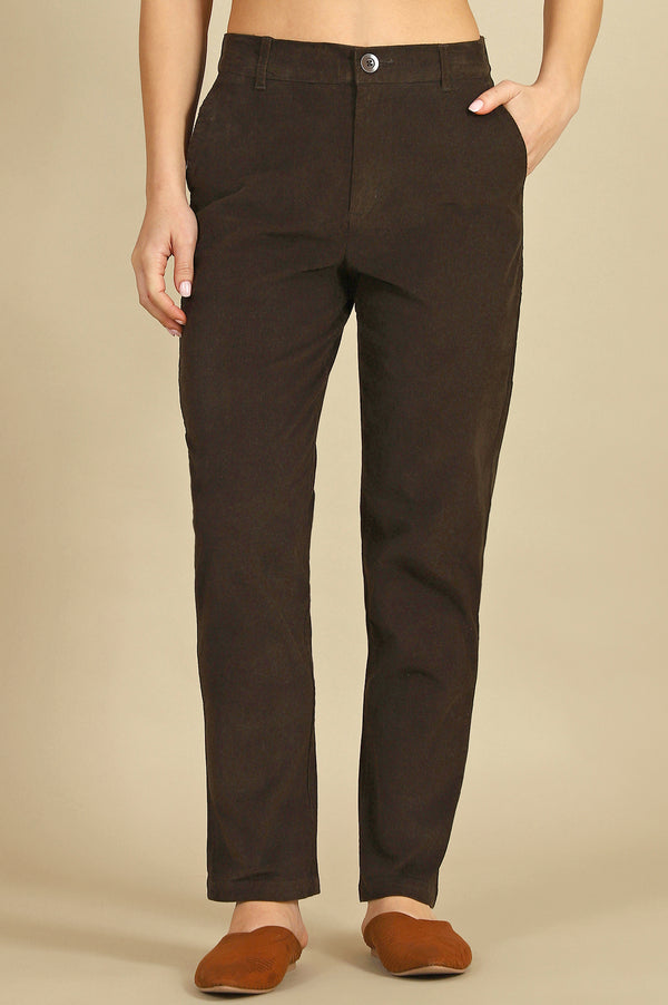 Dark Brown Solid Straight-fit Cotton Pants with YKK Zipper