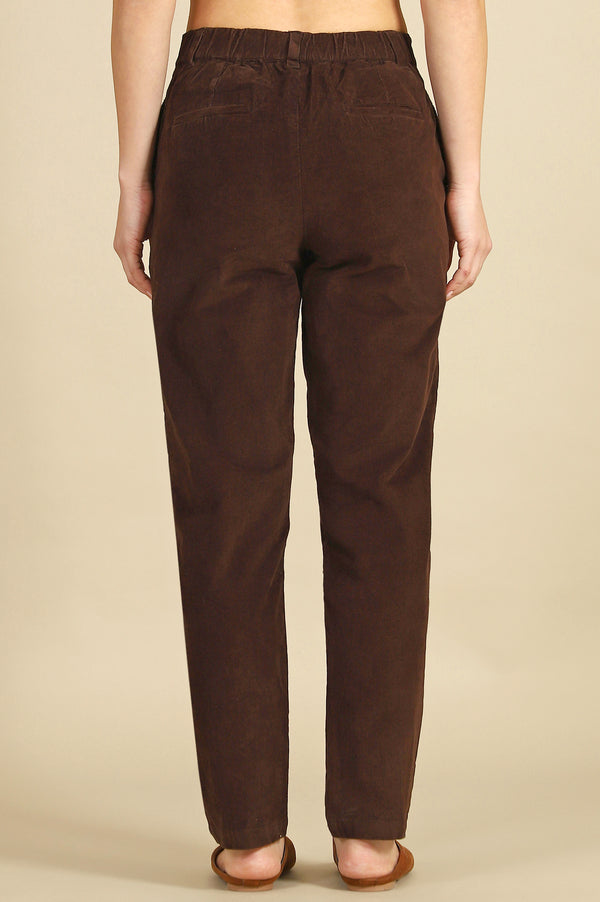 Brown Solid Straight Fit Cotton Pants with YKK Zipper