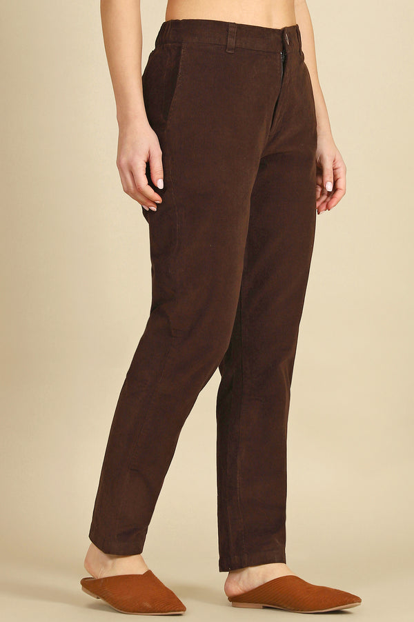 Brown Solid Straight Fit Cotton Pants with YKK Zipper