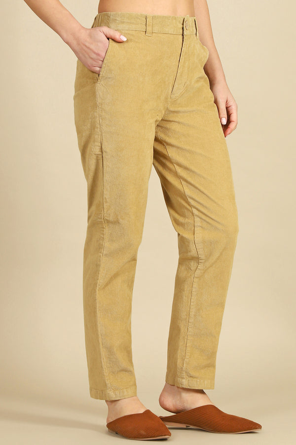 Beige Solid Straight Fit Cotton Pants with YKK Zipper
