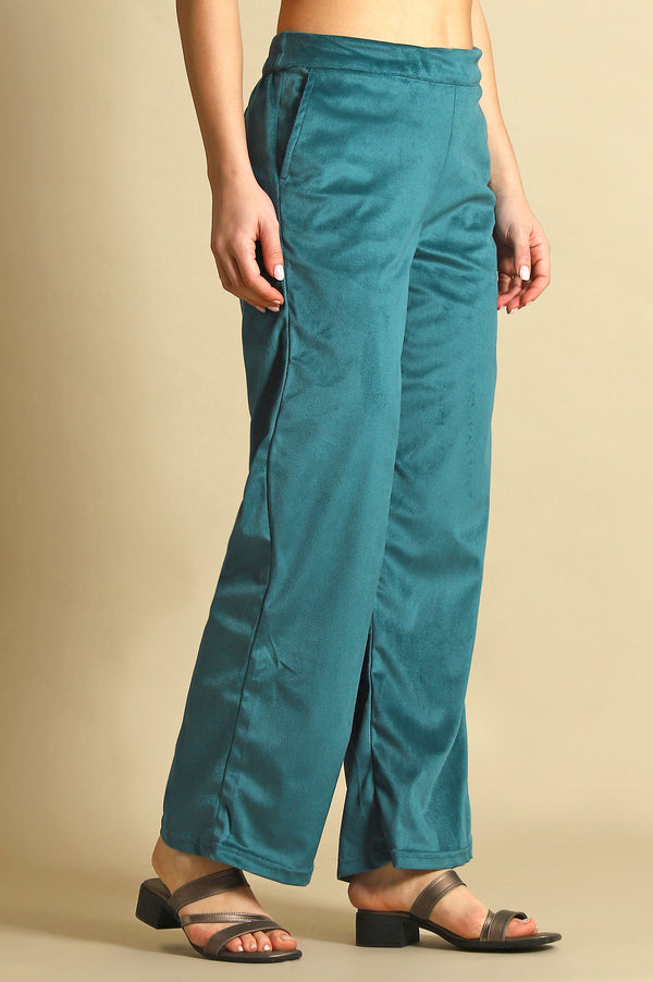 Green Solid Straight Fit Pants with YKK Zipper