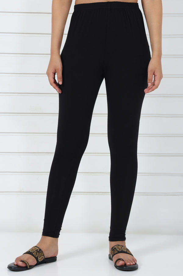 Black Solid Cotton Lyrca Skinny Fit Tights