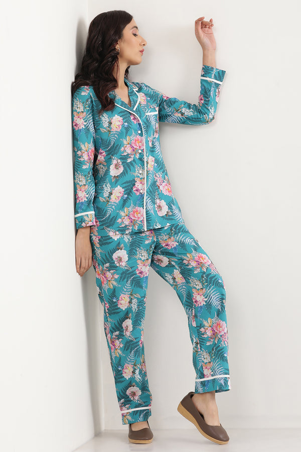 Green Floral Printed Straight Fit Cotton Palazzo With Elasticated Waist