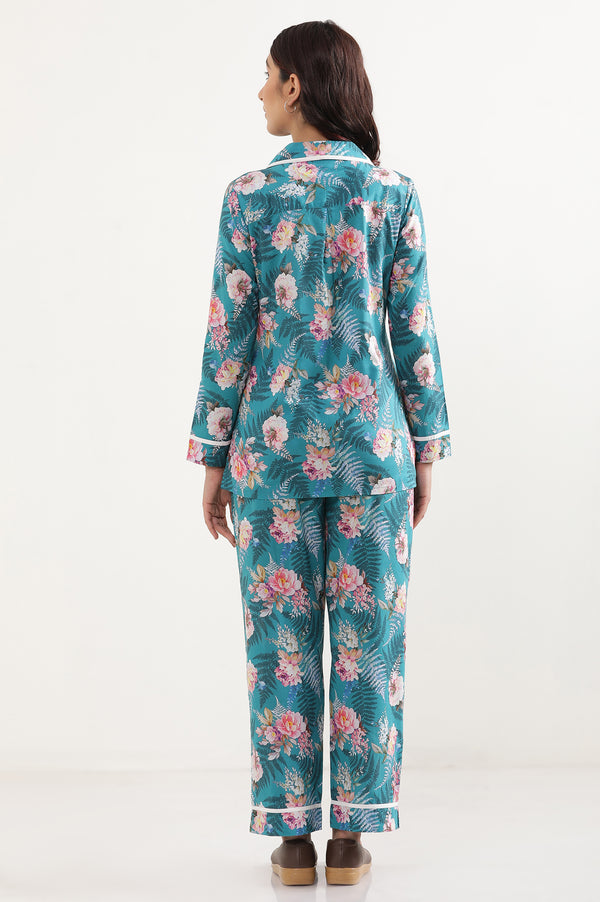 Green Floral Printed Straight Fit Cotton Palazzo With Elasticated Waist