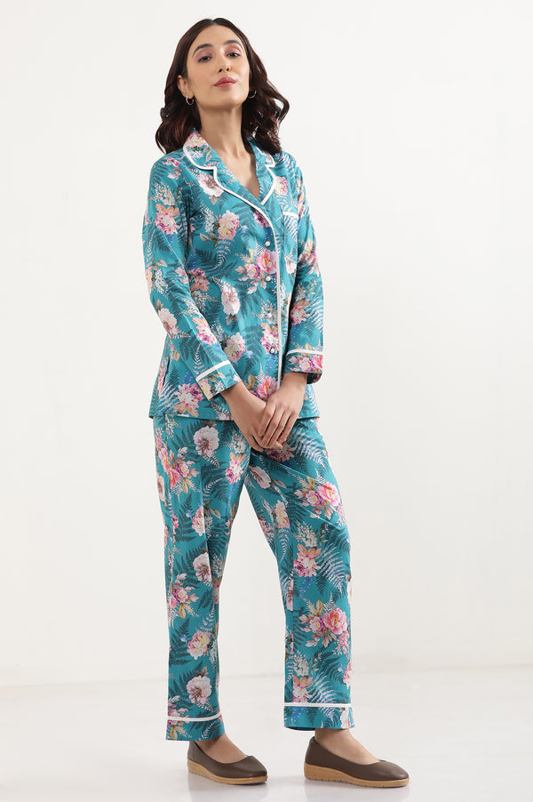 Green Floral Printed Straight Fit Cotton Palazzo With Elasticated Waist