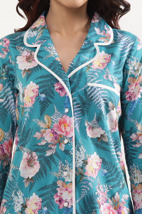 Green Floral Printed Straight Fit Cotton Palazzo With Elasticated Waist