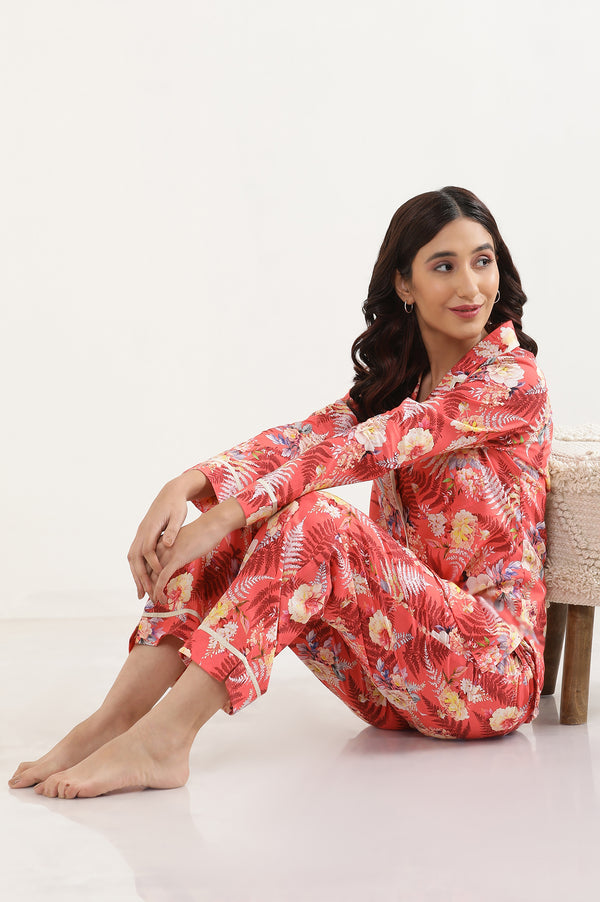 Red Floral Printed Wide Leg Cotton Palazzo With Elasticated Waist