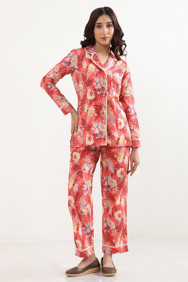 Red Floral Printed Wide Leg Cotton Palazzo With Elasticated Waist