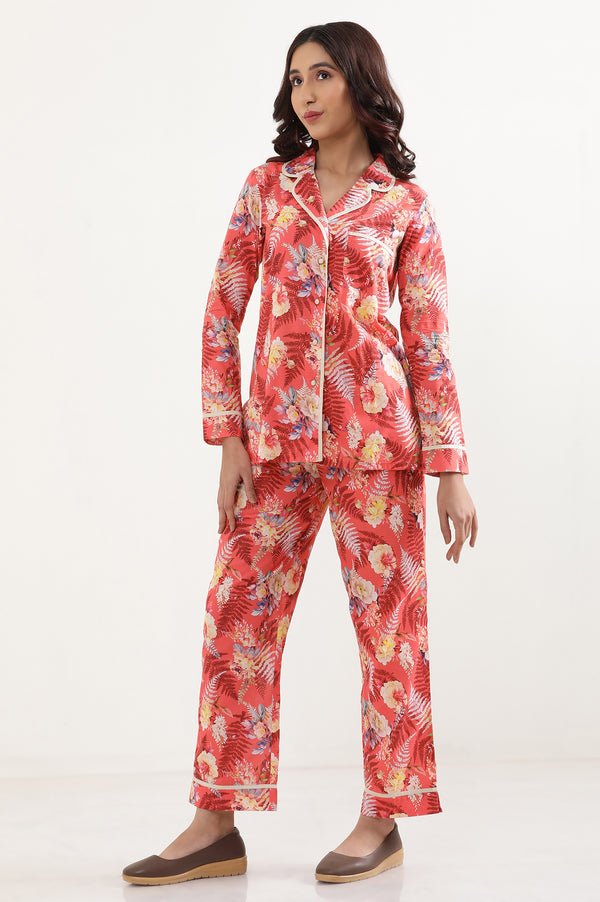 Red Floral Printed Wide Leg Cotton Palazzo With Elasticated Waist