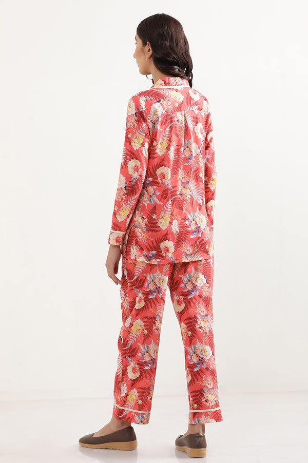 Red Floral Printed Wide Leg Cotton Palazzo With Elasticated Waist
