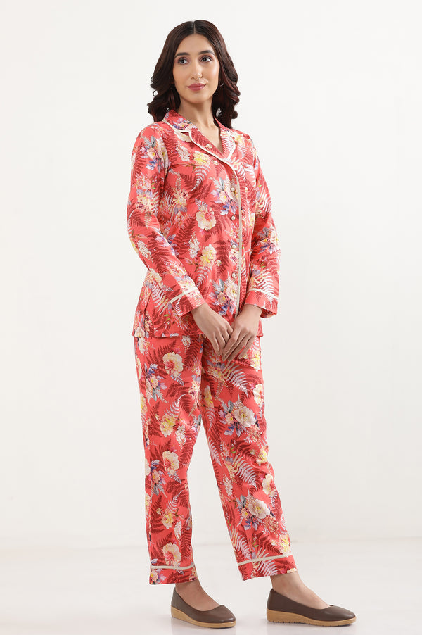 Red Floral Printed Wide Leg Cotton Palazzo With Elasticated Waist