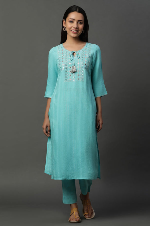 Elleven Women's Blue Mirror Embroidered Straight Kurta