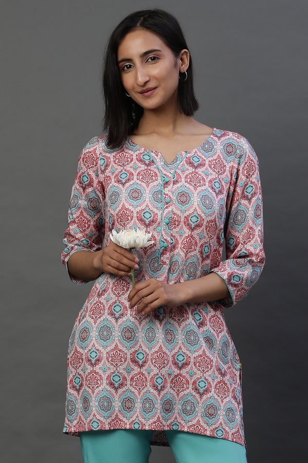 Elleven Women's Pink Floral Printed Cotton Lurex Kurti