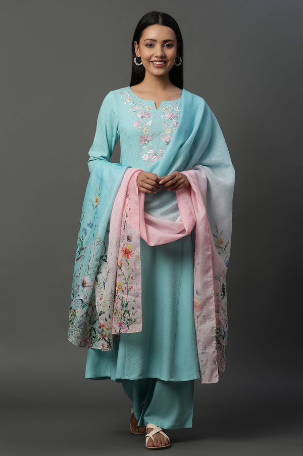 Elleven Women's Blue Embroidered Kurta, Pants and Floral Printed Dupatta Set
