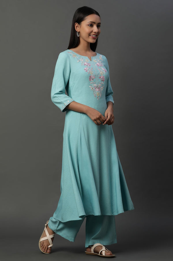 Elleven Women's Blue Embroidered Kurta, Pants and Floral Printed Dupatta Set
