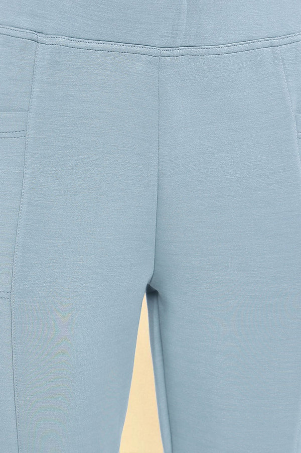 Grey Solid Mid Rise Tights in Calf Length