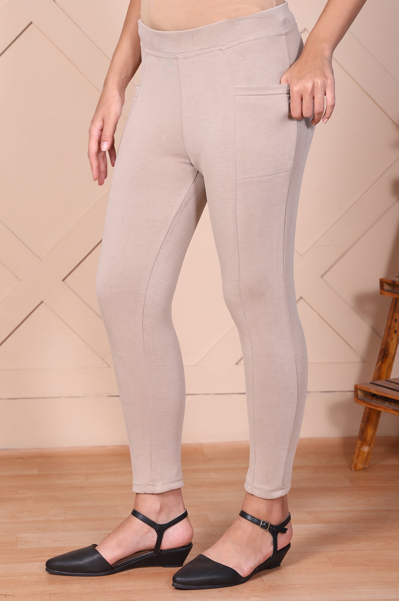 Beige Solid High-Waist Modal Tights