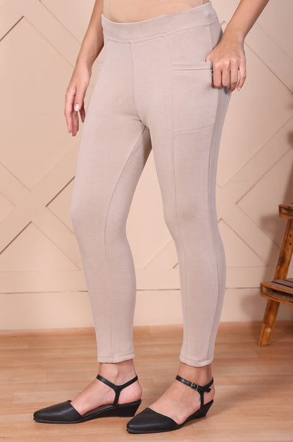 Beige Solid High-Waist Modal Tights