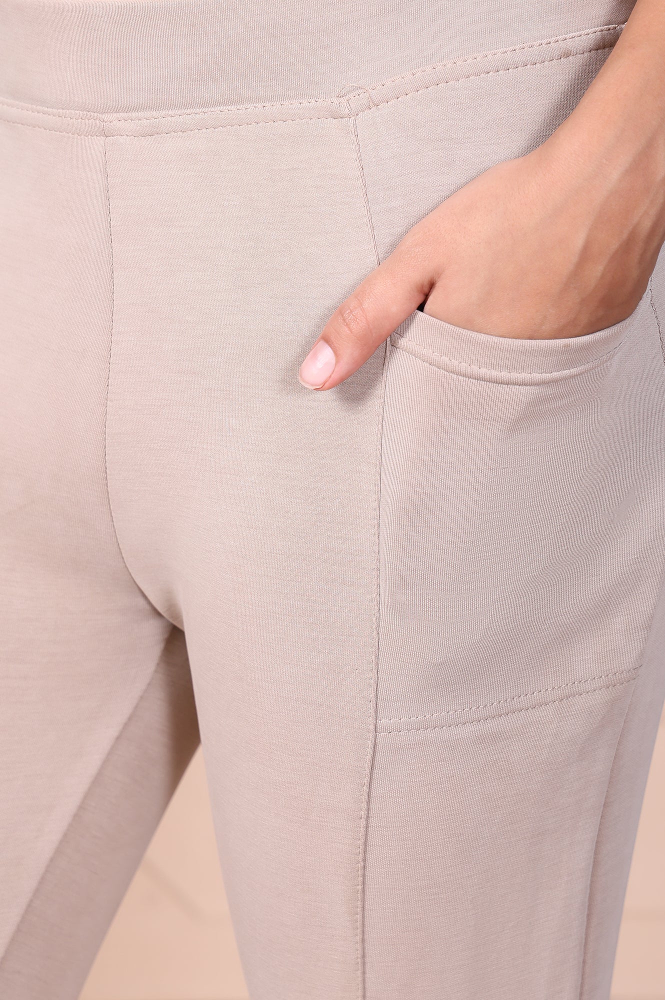 Beige Solid High-Waist Modal Tights