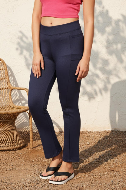 Navy Blue Solid Ankle-Length Rayon Tights