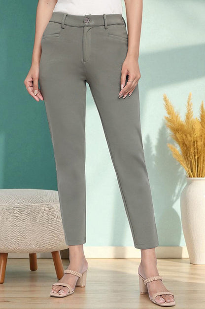 Green Solid Mid Rise Trouser in Ankle Length
