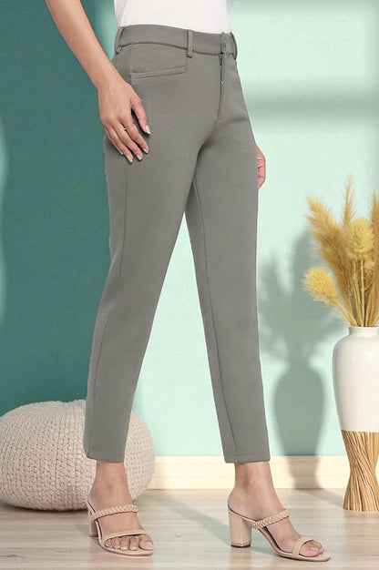 Green Solid Mid Rise Trouser in Ankle Length
