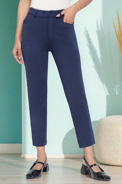 Navy Blue Solid Mid Rise Trouser in Ankle Length
