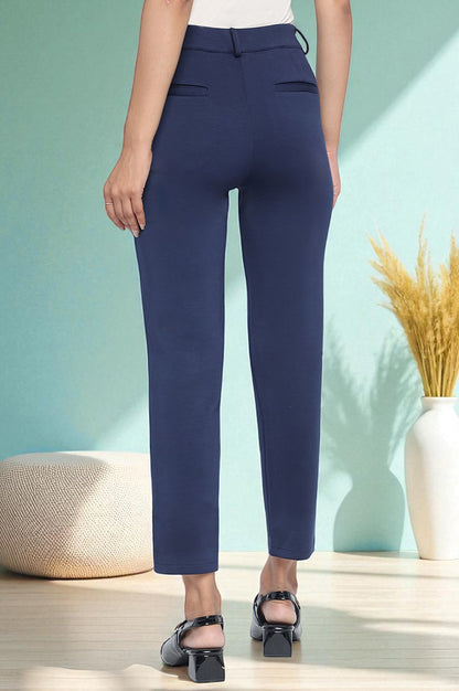 Navy Blue Solid Mid Rise Trouser in Ankle Length