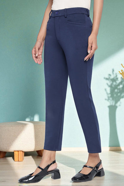 Navy Blue Solid Mid Rise Trouser in Ankle Length