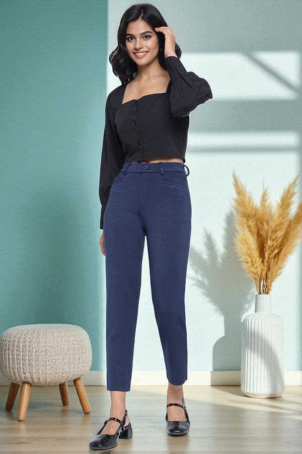 Navy Blue Solid Mid Rise Trouser in Ankle Length
