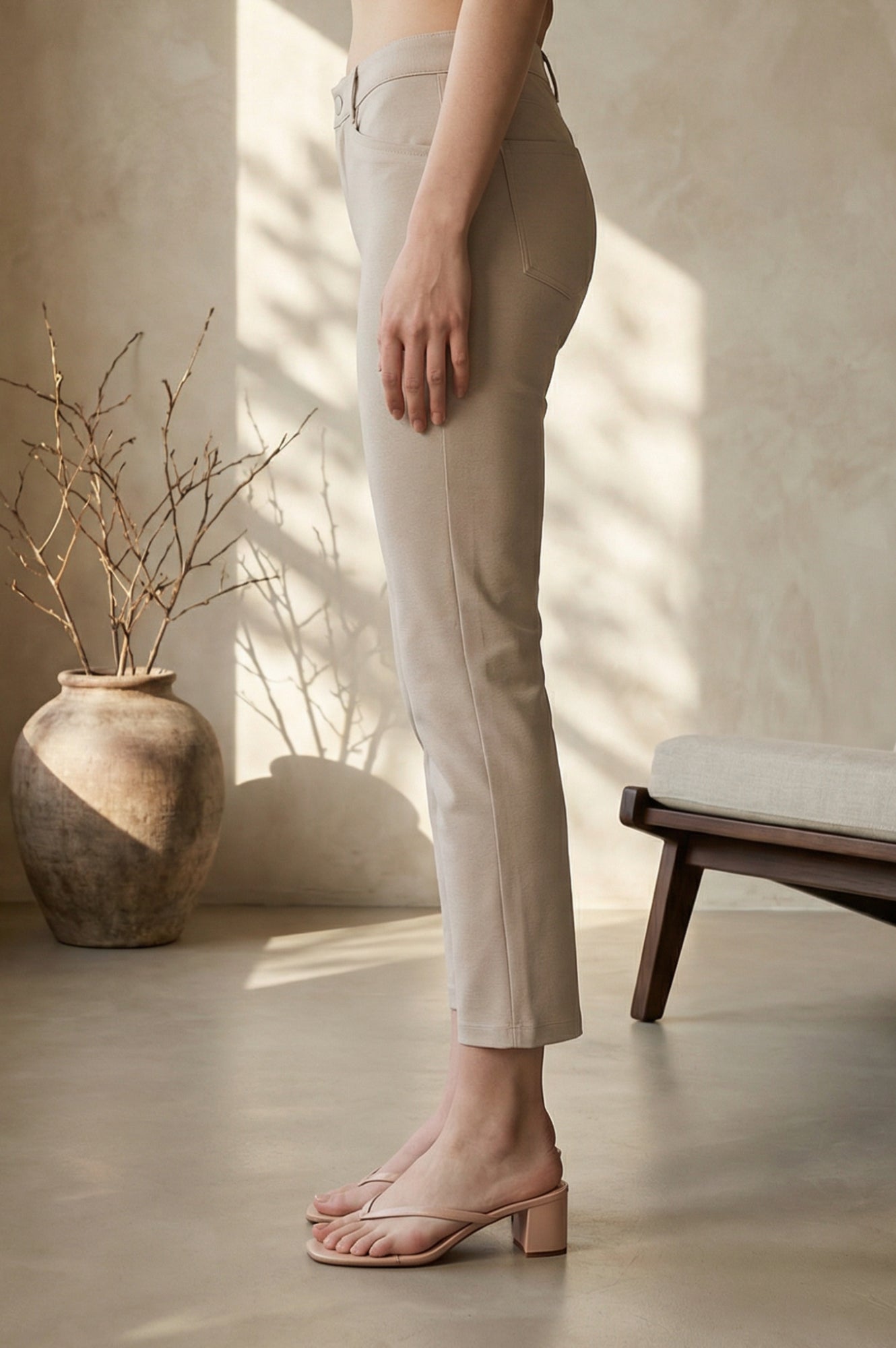 Beige Solid Modal Slim Fit Crop Mid Rise Boss Pants