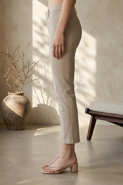 Beige Solid Modal Slim Fit Crop Mid Rise Boss Pants