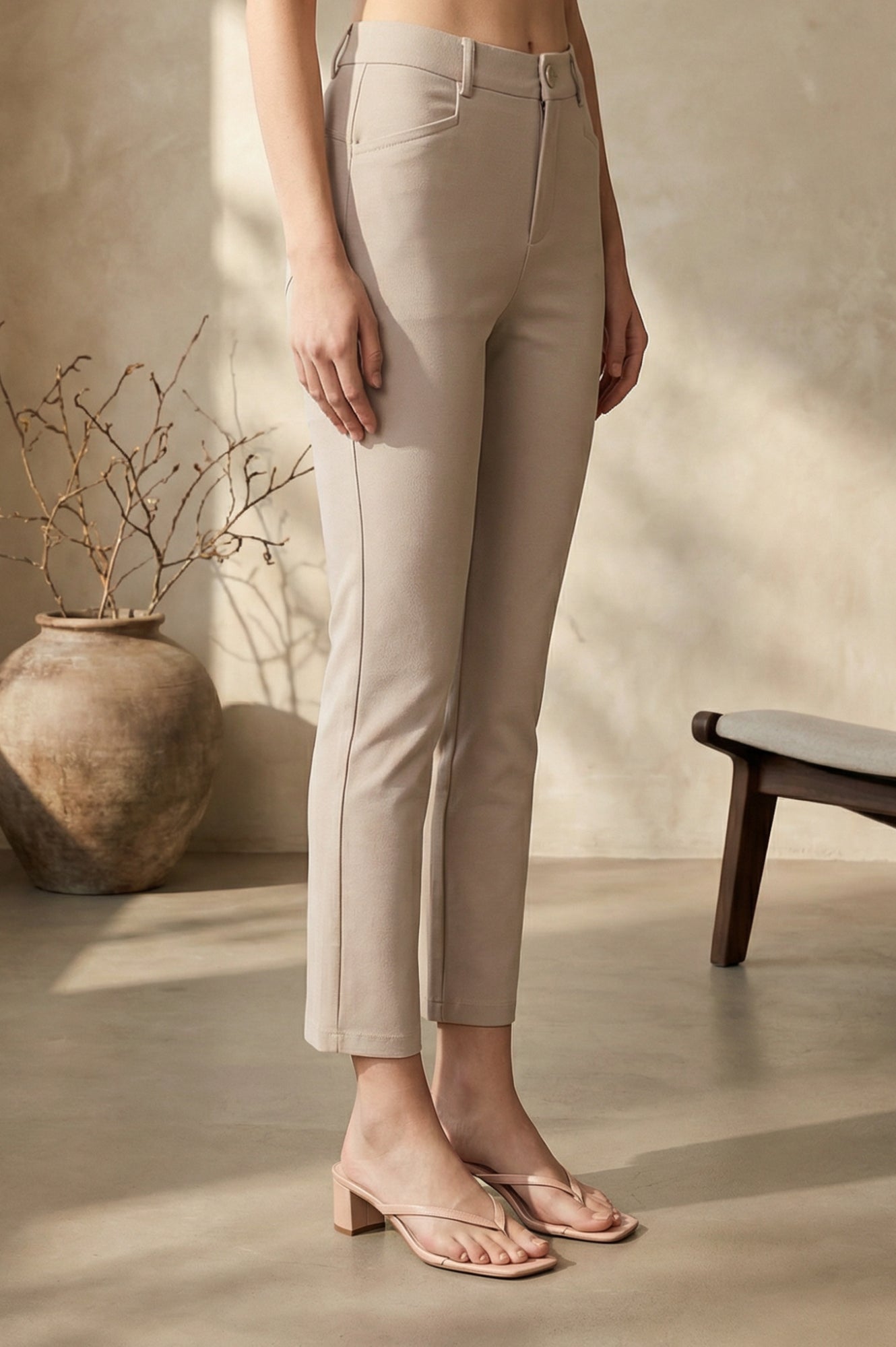 Beige Solid Modal Slim Fit Crop Mid Rise Boss Pants