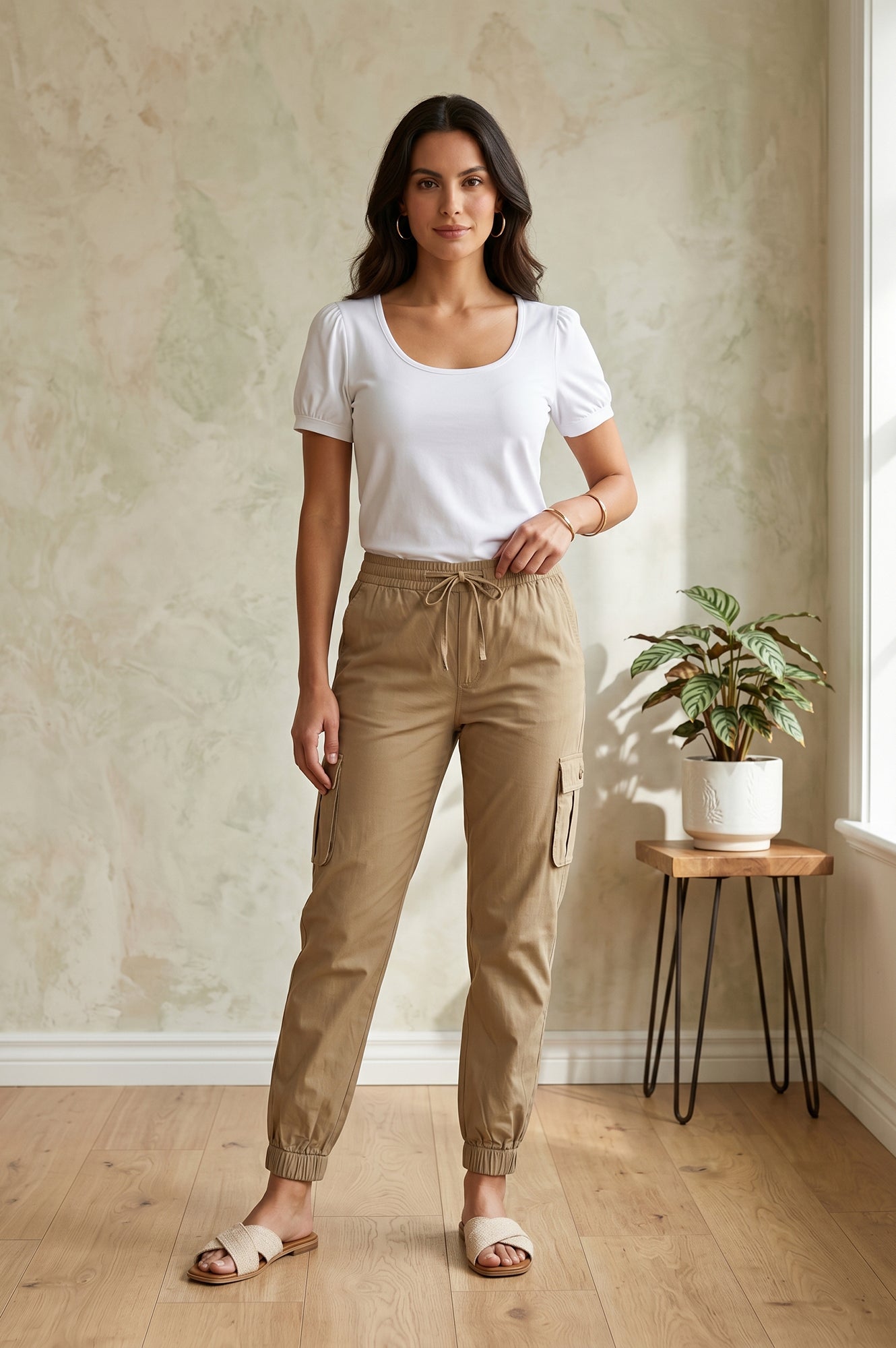 Khaki Tapered Ankle Length Mid Rise Jogger Pants