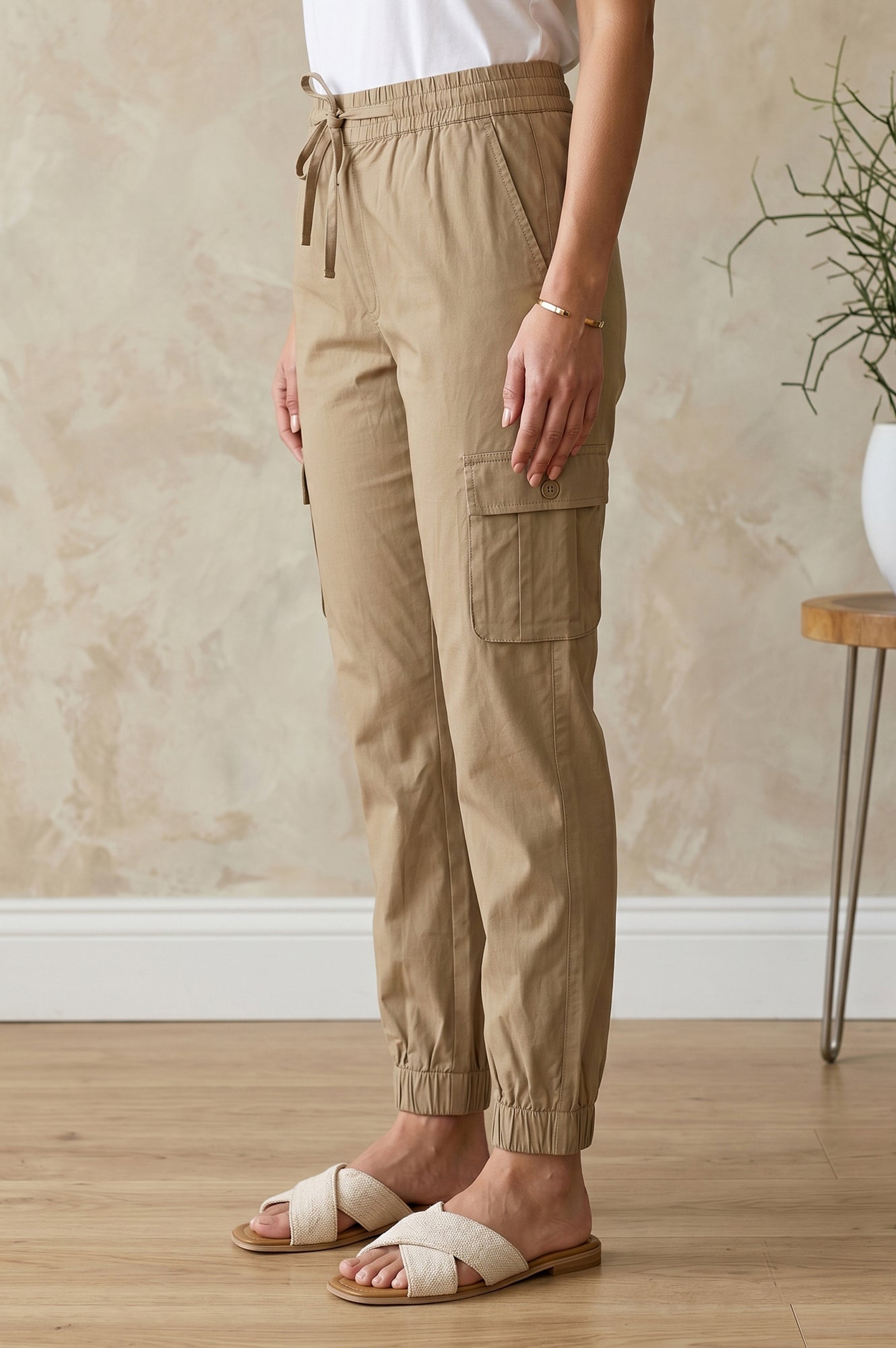 Khaki Tapered Ankle Length Mid Rise Jogger Pants
