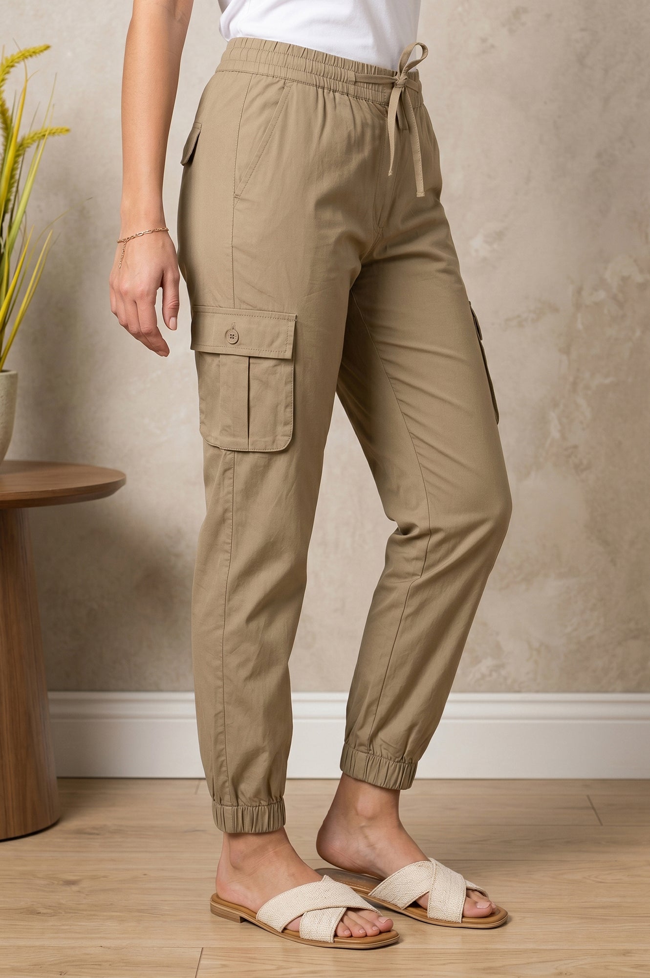Khaki Tapered Ankle Length Mid Rise Jogger Pants