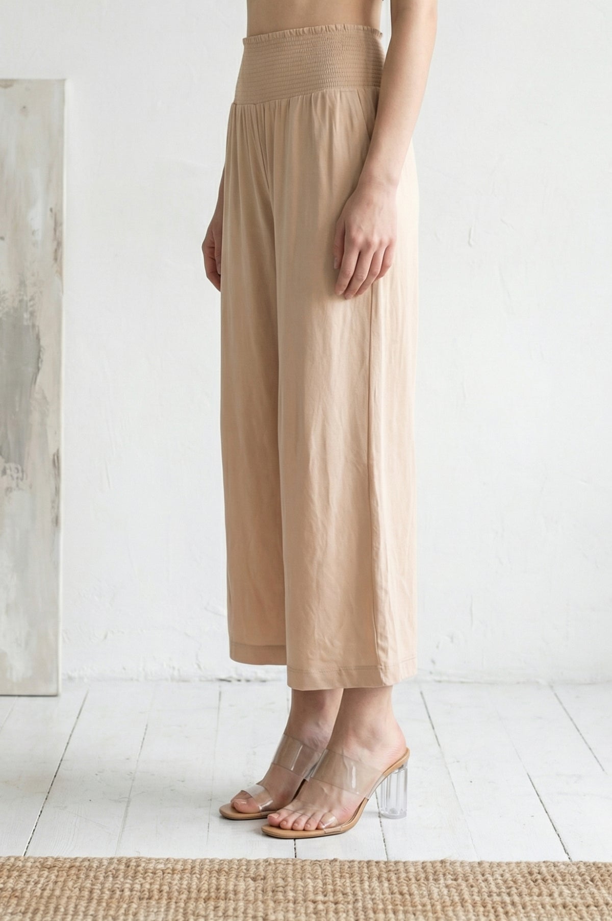 Light Gold Solid Wide Leg Ankle Length High Rise Palazzo