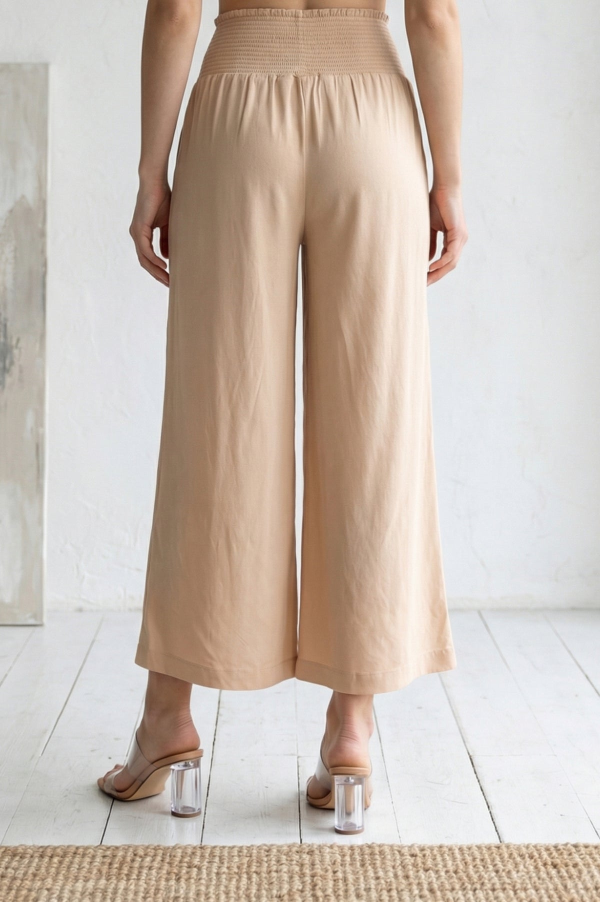 Light Gold Solid Wide Leg Ankle Length High Rise Palazzo