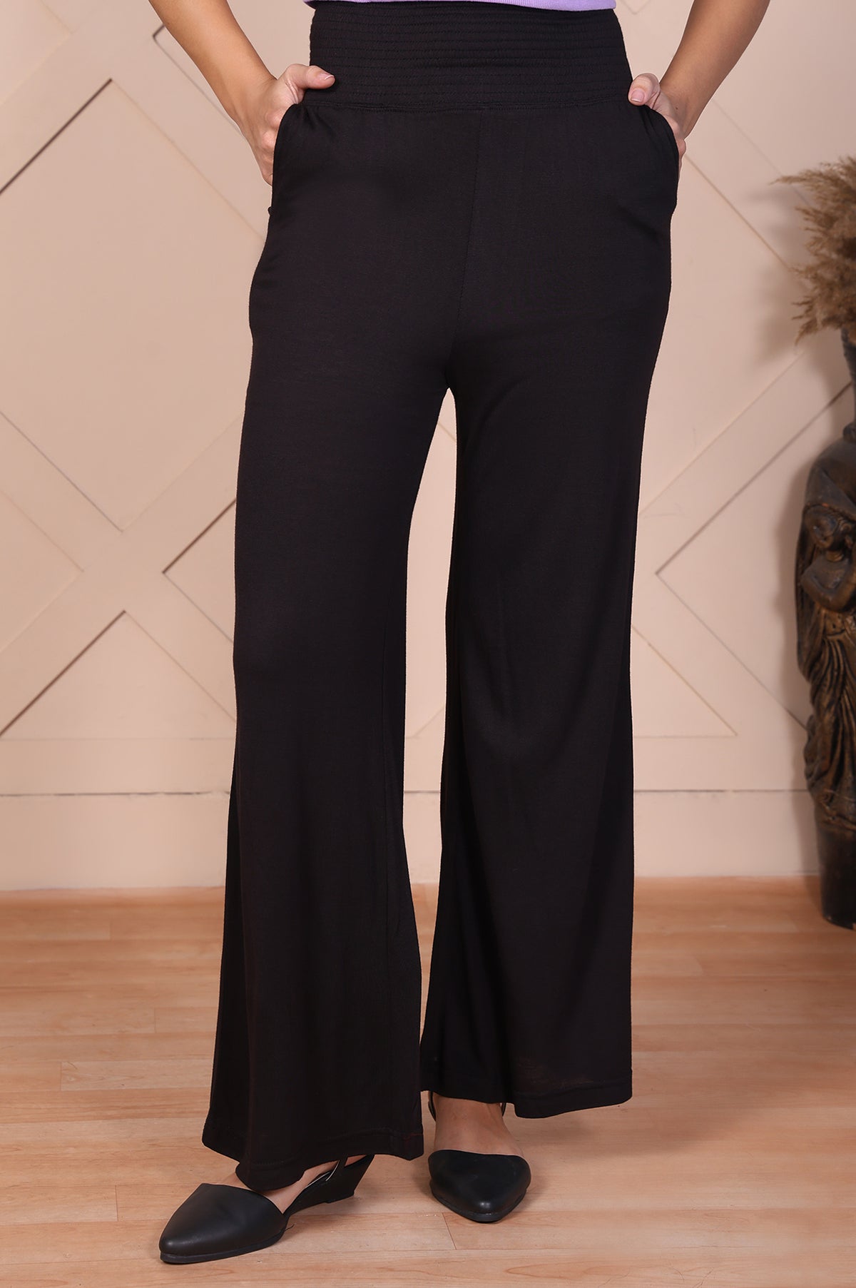 Black Solid High Rise Ankle Length Wide Leg Palazzo