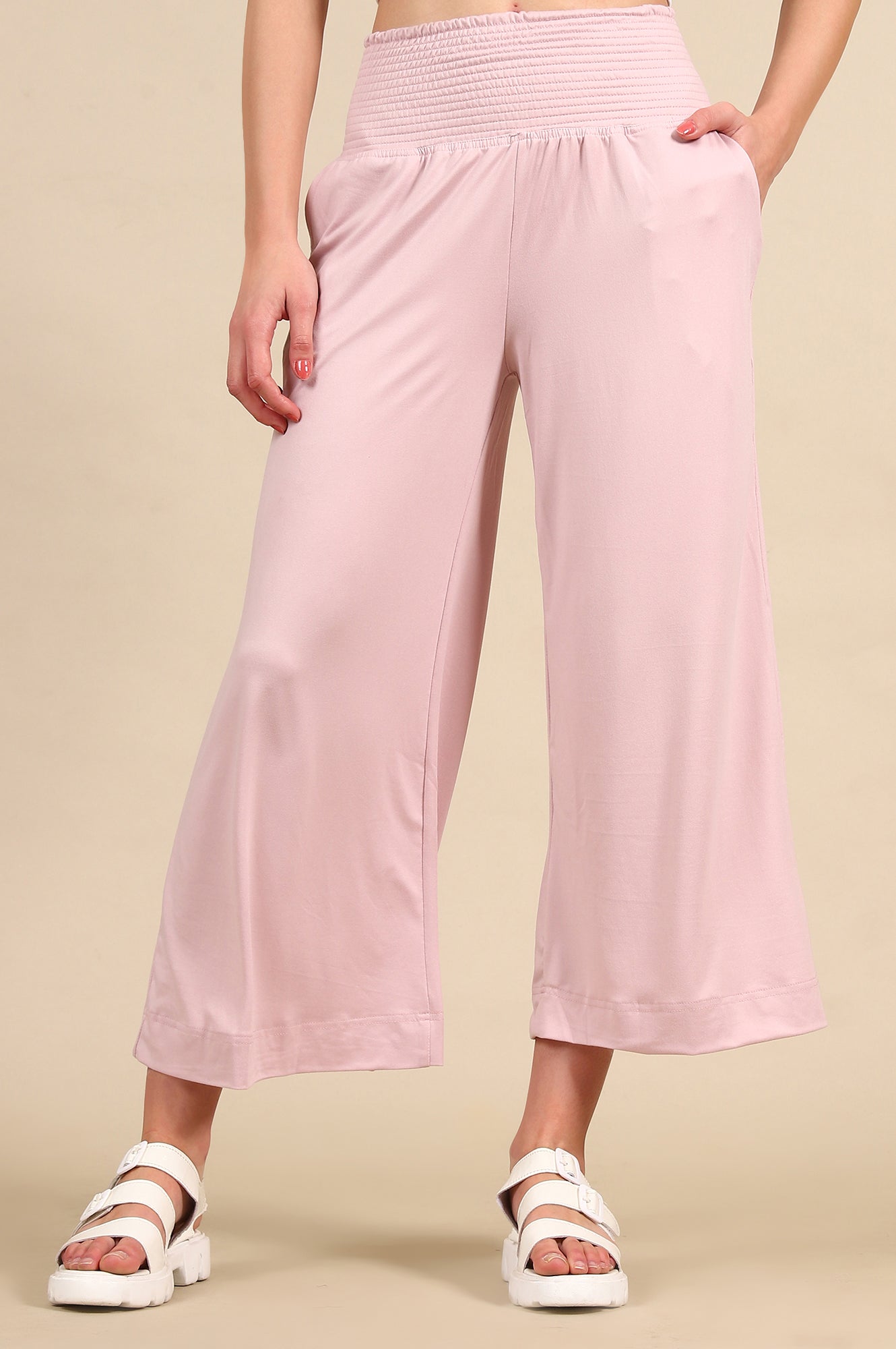 Pink Solid Flared Pants With Smoked High Waisted Detail